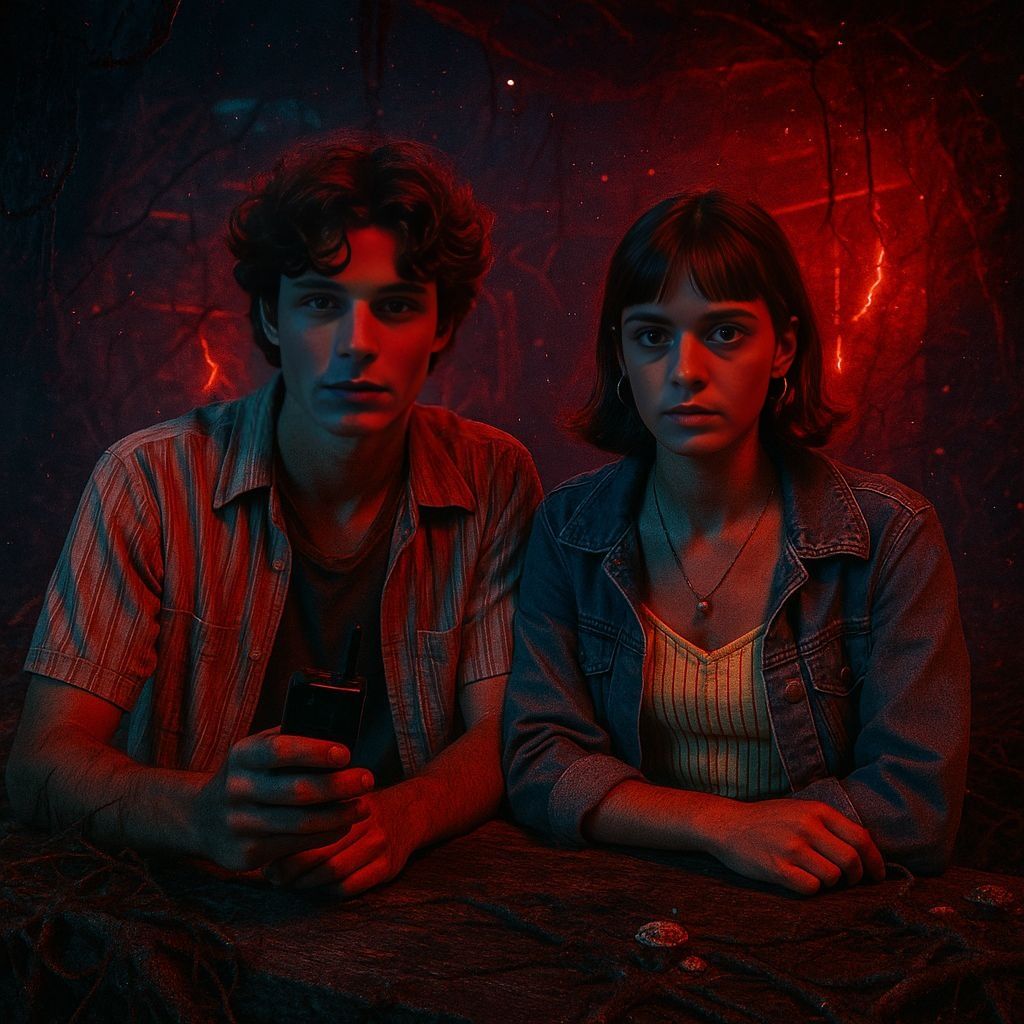 Una persona tomándose una selfie con un demogorgon al fondo
